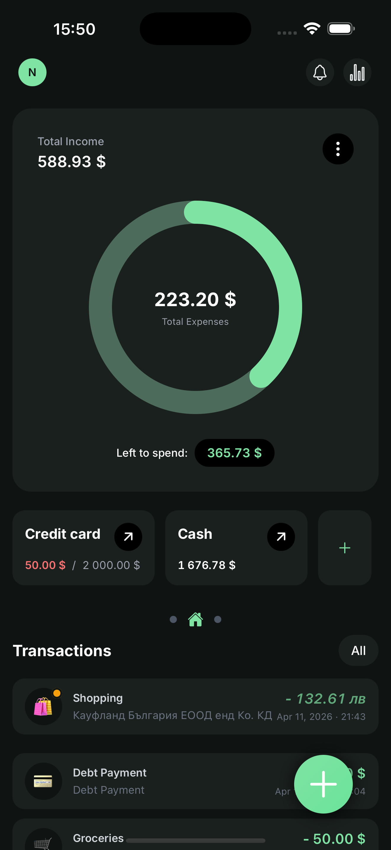 Yavo AI expense tracker home screen with recent transactions