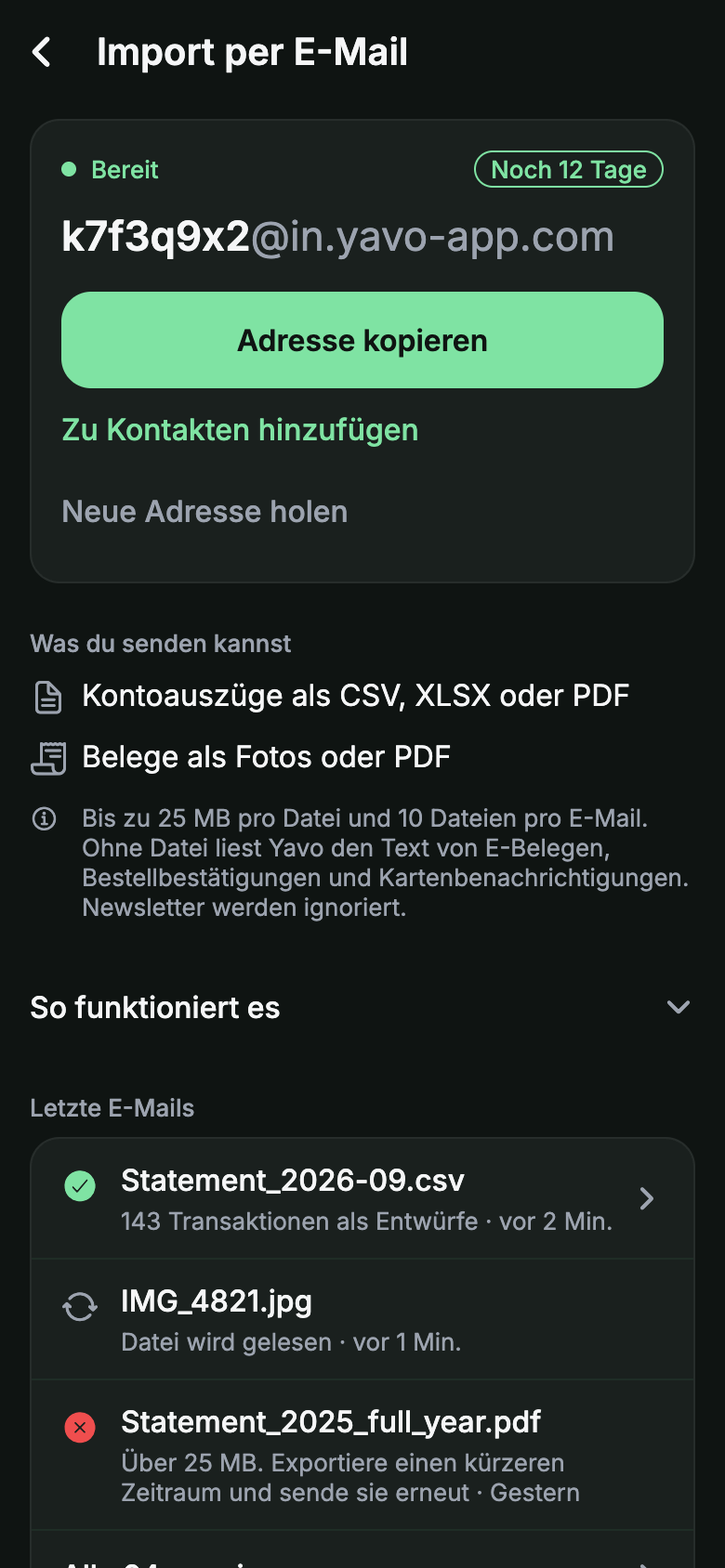 Yavo-Bildschirm für den Import per E-Mail mit der persönlichen Importadresse und den letzten E-Mails