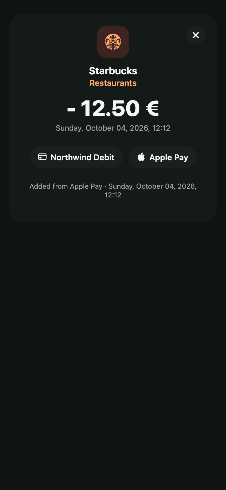 Yavo-Detailansicht einer über Apple Pay importierten Zahlung mit ihrer Kategorie