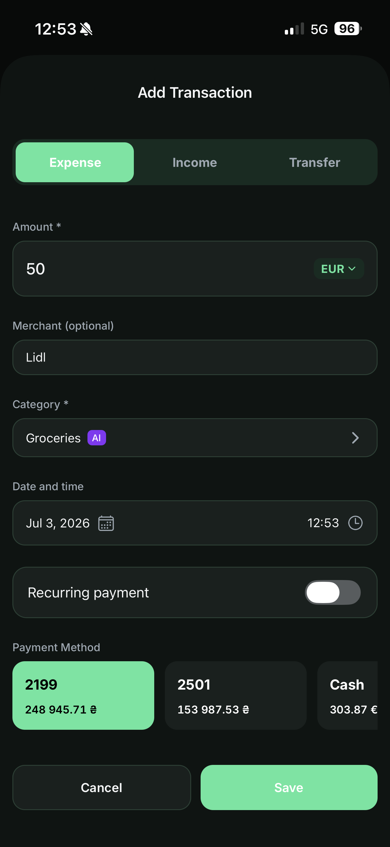 yavo automatically detects "Groceries" category after typing "Lidl" as the merchant