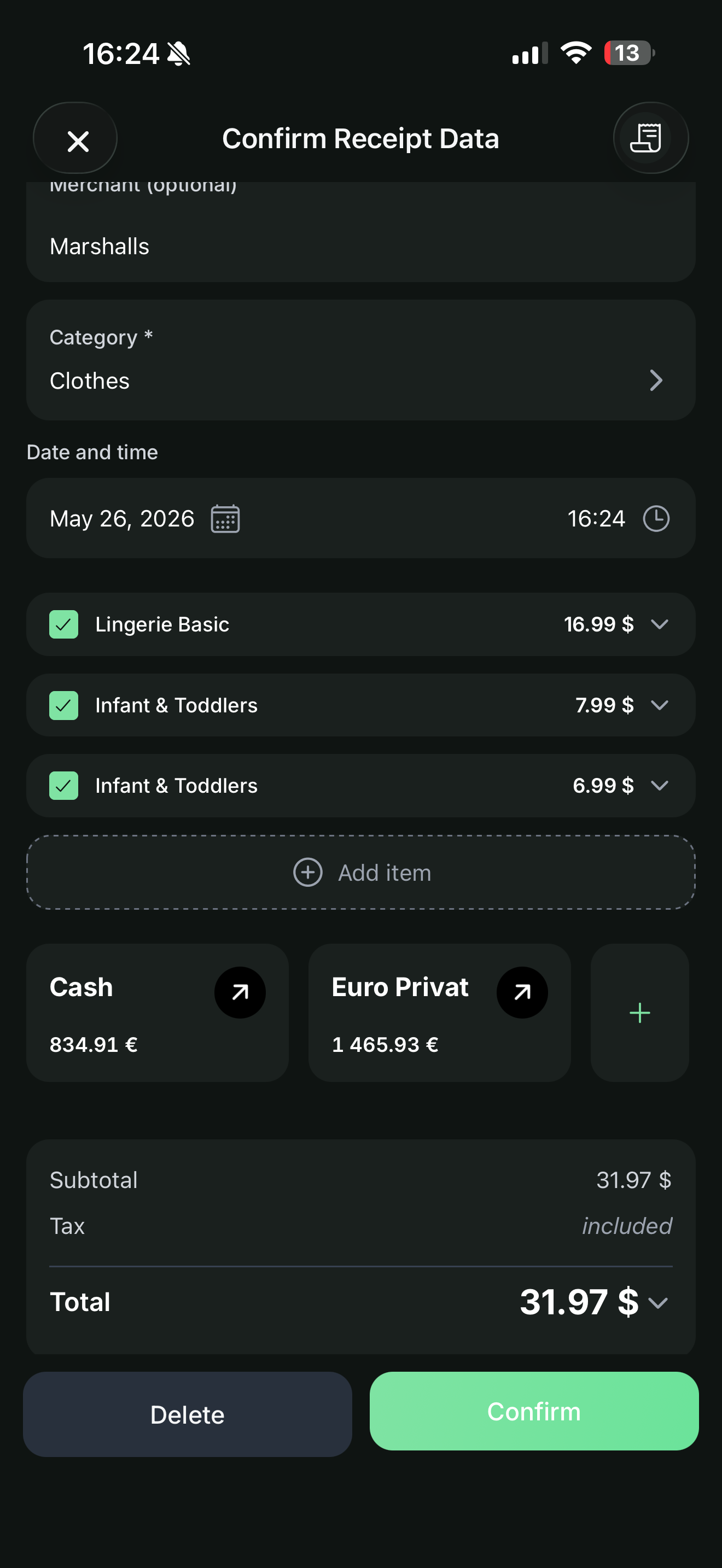 Yavo automatically extracts merchant, category, and line items from the receipt