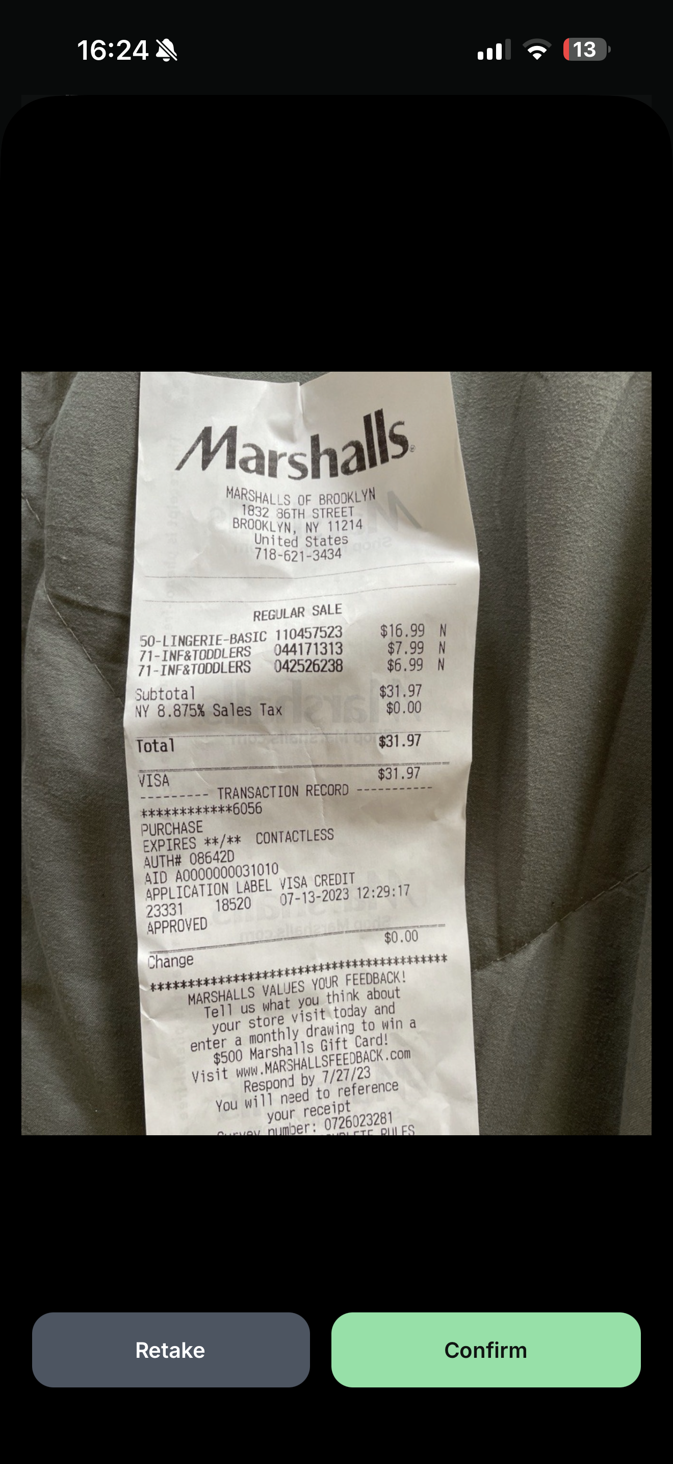 Marshalls receipt photographed in Yavo