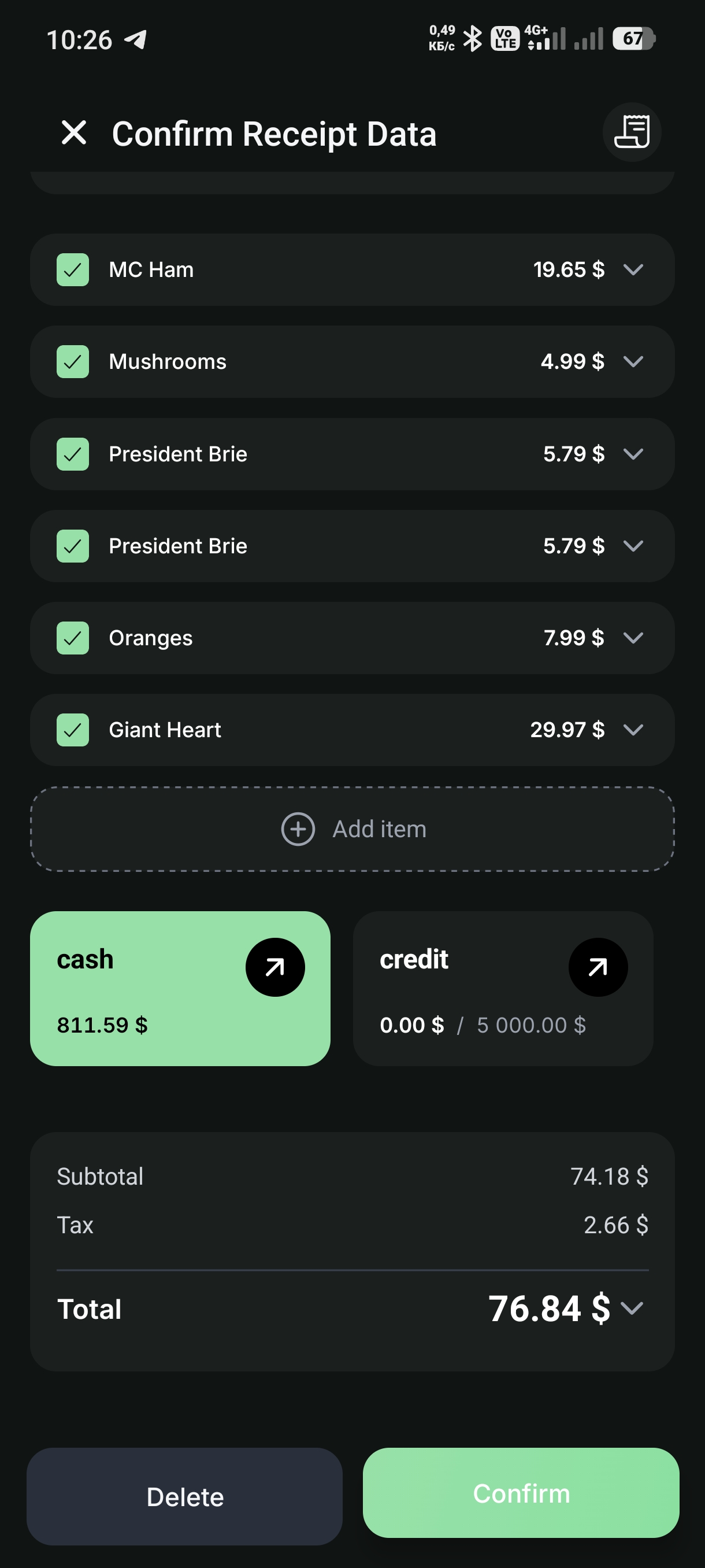 Parsed receipt data